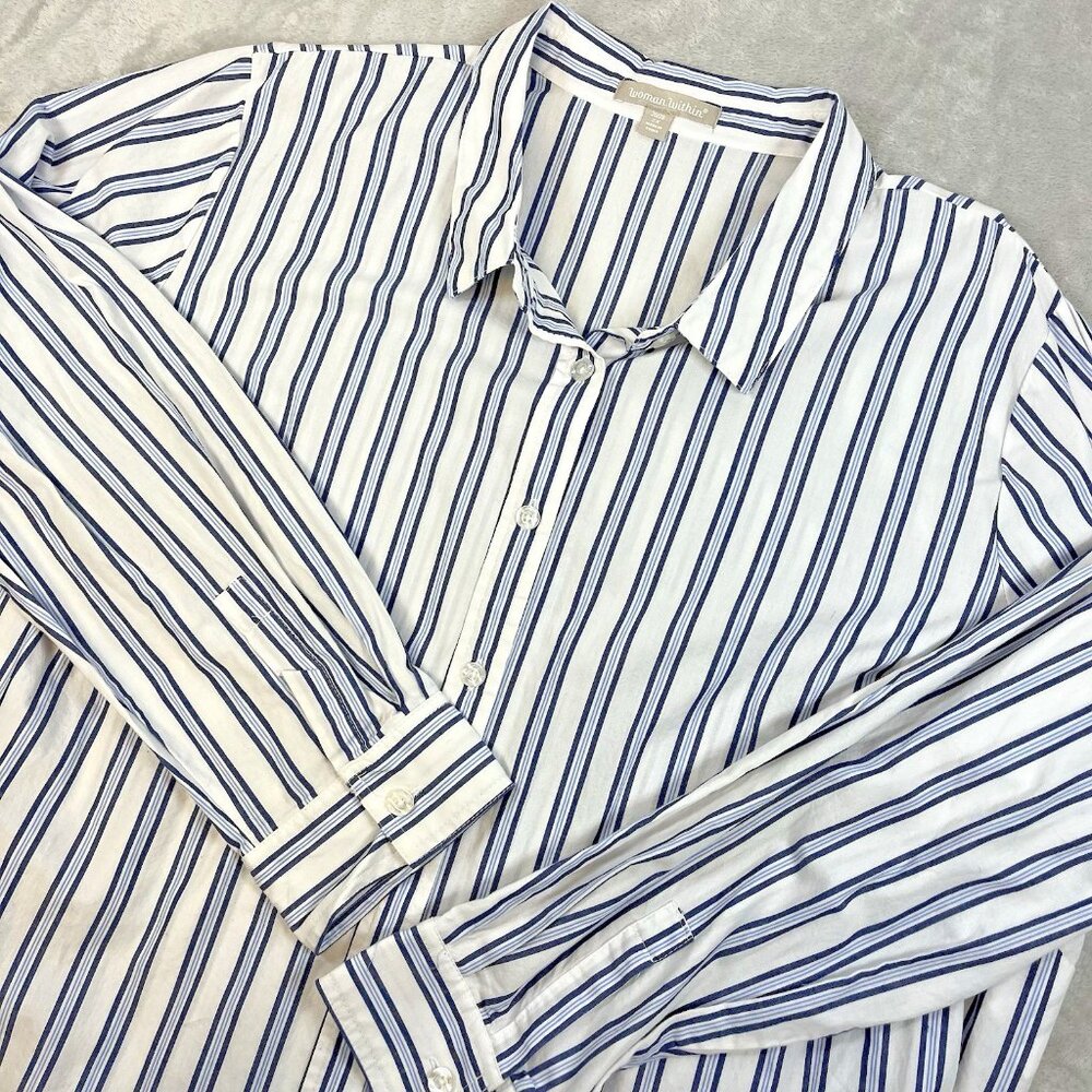 Woman Within Button Up Top Sz‎ 26/28 2XL100% Cotton French Blue Striped Career